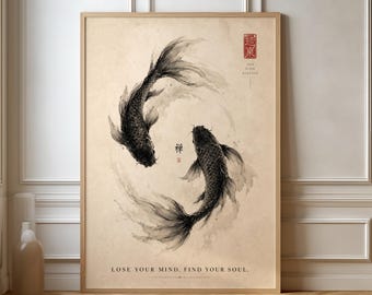 Koi Fish Zen Print, Japanese Ink Wash Wall Art, Sumi-e Yin Yang Poster, Black White Meditation Decor, Lose Your Mind Quote
