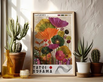 Polka Dot Botanical Poster, Colorful Japanese Floral Art Print, Abstract Plant Wall Art, Maximalist Japandi Decor, Eclectic Exhibition Print