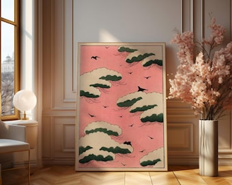 Watanabe Seitei Pink Sky Print, Japanese Cloud Wall Art, Japandi Vintage Poster, Minimalist Nature Bird Wall Decor