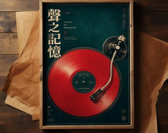 Japanese Vinyl Record Poster, Red Turntable Wall Art, Retro Music Print, Vintage Analog Decor, Music Lover Audiophile Gift