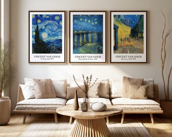 Van Gogh Night Scenes Set of 3, Starry Night Cafe Terrace Poster, Gallery Wall Art, Famous Painting Decor Trio
