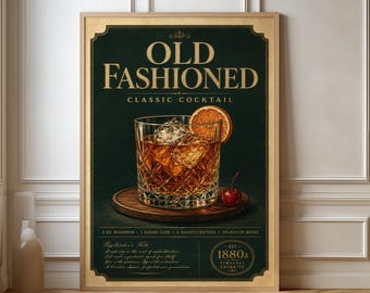 Old Fashioned Cocktail Recipe Print, Vintage Bar Cart Wall Art, Whiskey Bourbon Poster, Home Bar Decor, Cocktail Lover Gift