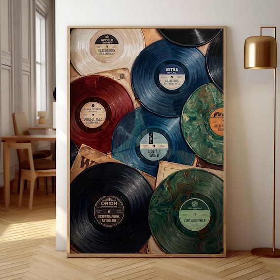 Vinyl Records Wall Art, Oil Painting Style Music Print, Eclectic Record Collage Poster, Maximalist Music Room Vinyl Lover Gift