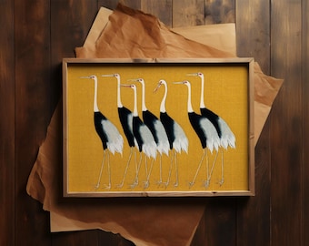 Estampado de grulla de Ogata Korin, arte mural japonés de ave de corona roja, póster de naturaleza Japandi, decoración vintage para el hogar con grabado en madera.