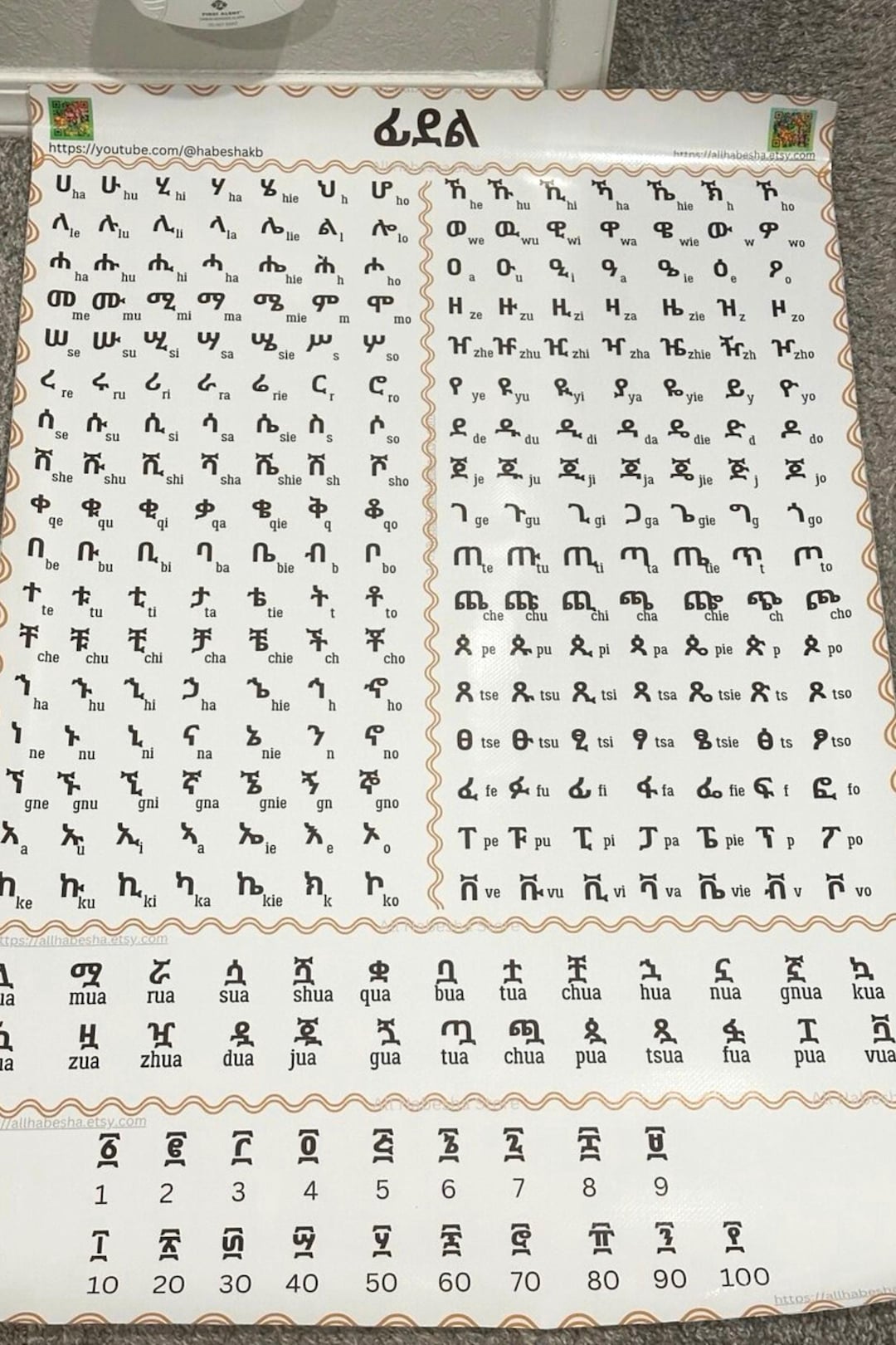 Large Glossy Waterproof Tearproof Canvas Amharic Alphabet Chart