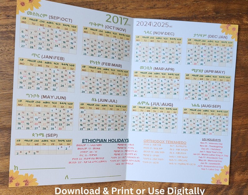 Digital 2017 Ethiopian Calendar With Conversion to Gregorian Calendar, Ethiopian & US Holidays