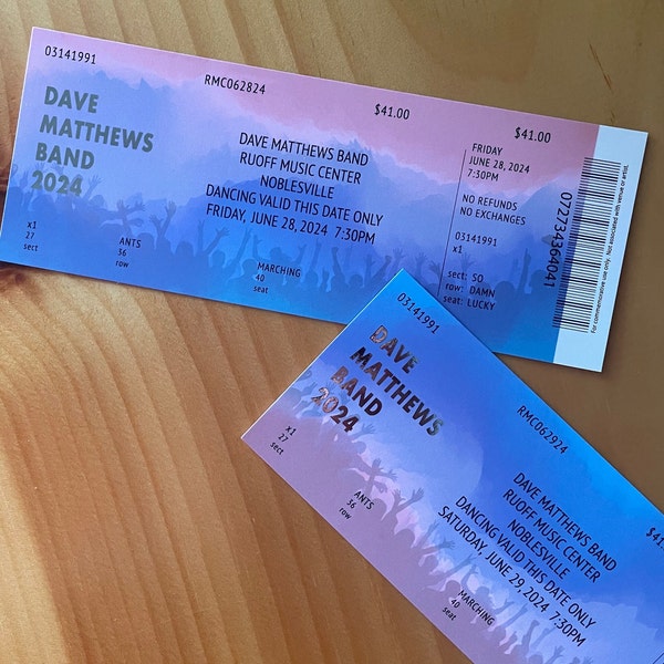 Dave Matthews Band Commemorative Ticket Noblesville 6.28.24 + 6.29.24 Summer Tour 2024 | Physical Concert Ticket Souvenir Keepsake Gift