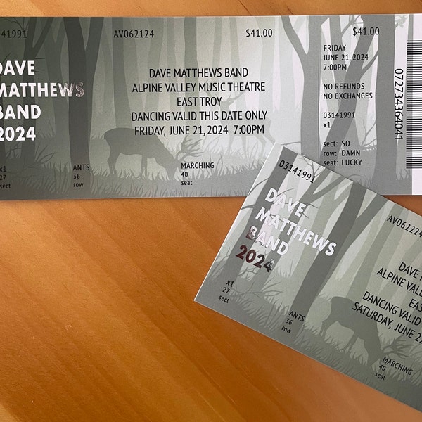 Dave Matthews Band Commemorative Ticket Alpine 6.21.24 + 6.22.24 Summer Tour 2024 | Physical Concert Ticket Souvenir Keepsake Gift