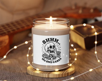 Funny/Sarcastic Skeleton Design "Shh, No One Cares" Scented Soy Gift, Decorative, Novelty Candle, 9oz