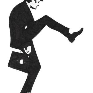 Könnte beinhalten: Schwarz-Weiß-Illustration einer Person in Anzug und Fedora, die ihr Bein hochkickt. Die Person hält eine Aktentasche. Das Bild ist im einfachen Grafikdesign-Stil gehalten, mit weißem Hintergrund.