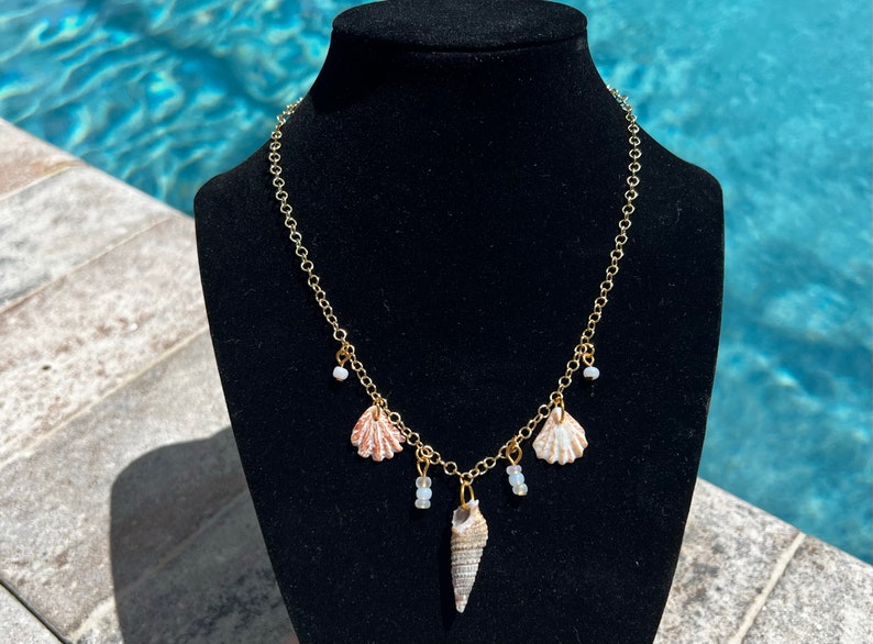 May include: A gold chain necklace with three seashell charms and white beads. The seashells are a pink and white scallop, a white scallop, and a brown and white cone shell.