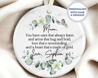 Personalized Mother’s Day Ornament – Gift for Mum or Grandma – Eucalyptus Wreath Ceramic Keepsake – Gift from Daughter or Son