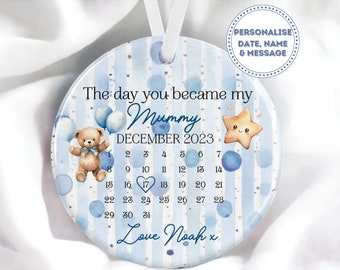 First Mother's Day Gift - Blue The Day You Became My Mommy Ceramic Ornament - Gift for Boy Mom