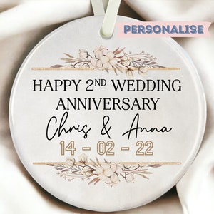 2nd Wedding Anniversary Gift, Cotton Flower Anniversary Keepsake, Personalised Second Anniversary Ornament, Cotton Anniversary