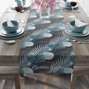 Tischläufer, Palmenblätter Geometrisches Muster Design, Dunkelblau Küchen Dekor, Esszimmer Tischwäsche, Tropische Tischdecke, Baumwolle Poly