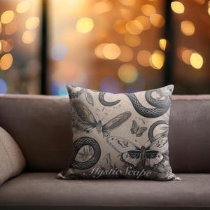 Moths & Snakes Toile Throw Pillow: Neutral Gothic Home Decor