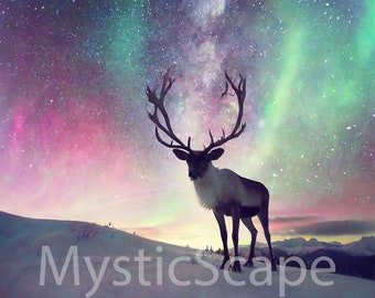Surreal Deer & Northern Lights Landscape Art (Digital Download)