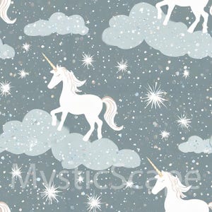 May include: A seamless pattern featuring white unicorns with gold horns and manes, galloping across a blue background with white clouds and sparkling stars.