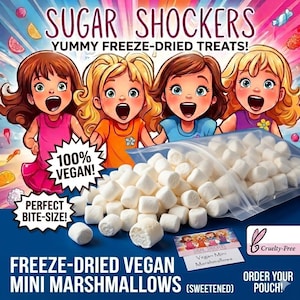 May include: A clear plastic pouch filled with white, cylindrical, freeze-dried vegan mini marshmallows. The packaging features cartoon illustrations of four children, the text "SUGAR SHOCKERS," "100% VEGAN!," "PERFECT BITE-SIZE!," and "FREEZE-DRIED VEGAN MINI MARSHMALLOWS (SWEETENED)."