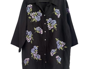 Bob Mackie Floral Embroidered Blouse - Black Linen Blend Button-Up, 20W