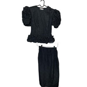 Vintage 1980's Evenings By Raul Blanco 2pc black skirt set  dramatic puff sleeve peplum top and  pencil skirt   womans size 4   100% silk