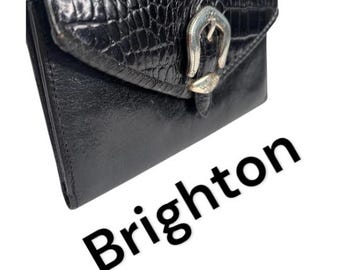 Brighton vintage Black croc leather silver buckle flap over card wallet