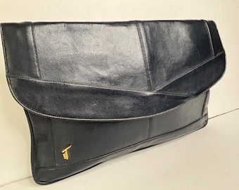 Vintage Navy Blue Leather Clutch Purse, Envelope Style 1980s