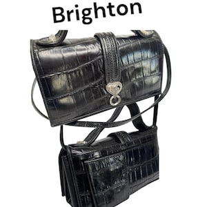 Vintage Brighton black croc print embossed   cross body/top handle bag purse with silver charm   FREE SHIP!!