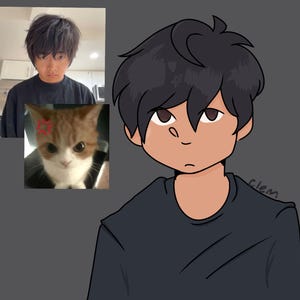 Puede incluir: Ilustración digital de una persona con cabello negro y una camisa negra, con una pequeña imagen de una persona y un gato con cara de enfado. La ilustración tiene un estilo de dibujos animados y está sobre un fondo gris.