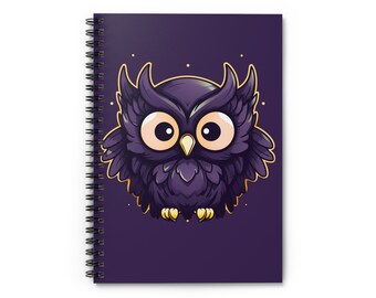 Purple Feather Owl Gold Border Ruled Line Spiral Notebook Cute Kawaii Wicked Cool Gift for Halloween and Animal Lovers, School, and Travel