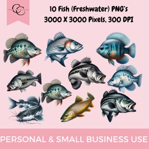 Paquete PNG de 10 peces / lubina, bagre, trucha, pescador, pesca, agua dulce / imágenes prediseñadas / descarga digital / impresión, pegatinas sublimadas, uso web