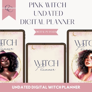 Könnte beinhalten: Ein digitaler Planer mit rosa Hintergrund und goldenen Akzenten. Der Planer zeigt eine Hexe mit rosa Haaren und einem rosa Kleid. Der Text "UNDATED DIGITAL WITCH PLANNER" befindet sich am unteren Rand des Bildes.