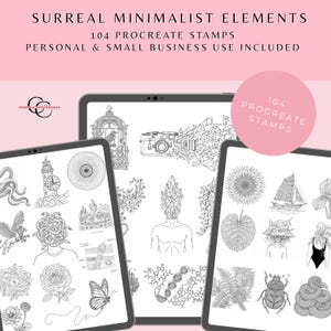 May include: Three digital tablets displaying surreal minimalist line art stamps. The stamps include a camera, a lighthouse, a butterfly, and other botanical and geometric designs. Text at the top reads "SURREAL MINIMALIST ELEMENTS" and "104 PROCREATE STAMPS".