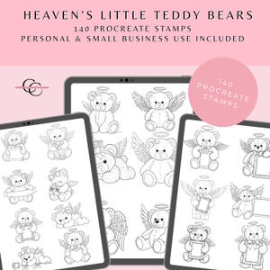 Könnte beinhalten: Digitale Kunst mit Teddybär-Engels-Stempeln. Das Bild zeigt mehrere Teddybär-Illustrationen mit Heiligenschein und Flügeln, geeignet für digitale Kunstprojekte. Der Text enthält "Heaven's Little Teddy Bears" und "140 Procreate Stamps."
