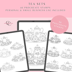 May include: Digital tea set stamps displayed on tablets. The image shows various tea sets with teapots, cups, and saucers. Text at the top reads "TEA SETS" and "96 PROCREATE STAMPS". The image is set against a pink background.