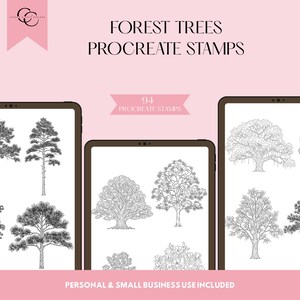 May include: Digital Procreate stamps featuring forest trees. The image shows a collection of 94 tree stamps in various styles, displayed on tablets. The text reads "Forest Trees Procreate Stamps" and "Personal & Small Business Use Included."
