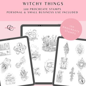 May include: Digital art stamps displayed on tablets. The image features the text "WITCHY THINGS" and "100 PROCREATE STAMPS". The stamps include illustrations of crystals, potions, a sleeping fox, and other mystical elements. Personal and small business use is included.