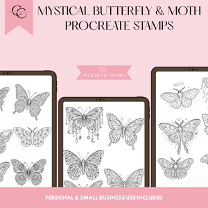 May include: Digital Procreate stamps featuring intricate butterfly and moth designs. The image displays several digital tablets showcasing detailed black and white illustrations. Text reads "MYSTICAL BUTTERFLY & MOTH PROCREATE STAMPS" and "50 PROCREATE STAMPS". Includes personal and small business use.