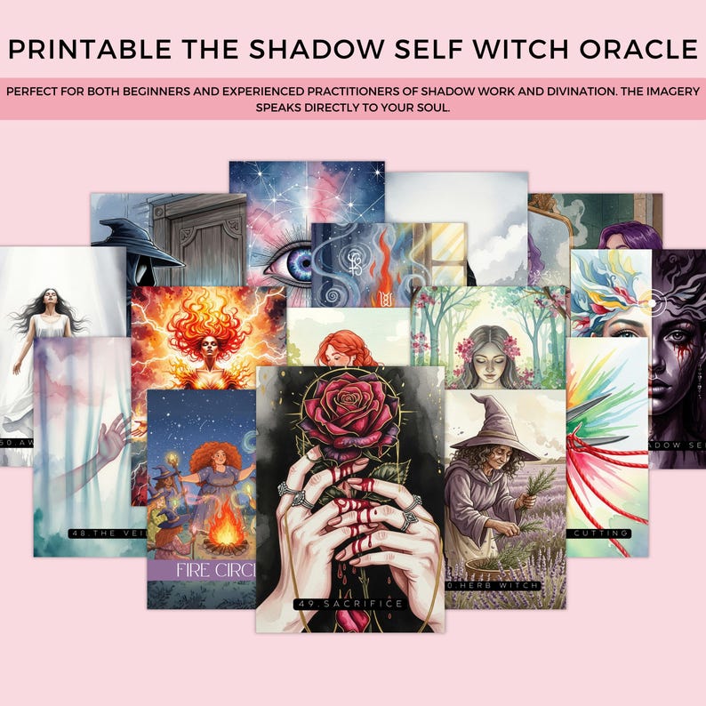 May include: A set of printable oracle cards, "The Shadow Self Witch Oracle," with watercolour illustrations. The cards depict spiritual themes, including a rose, a witch, and a fiery figure. The text on the cards includes "Fire Circle" and "Sacrifice."