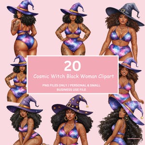 May include: Digital clipart featuring illustrations of Black women in witch costumes with galaxy-themed swimwear and hats. The image includes the text "20 Cosmic Witch Black Woman Clipart".