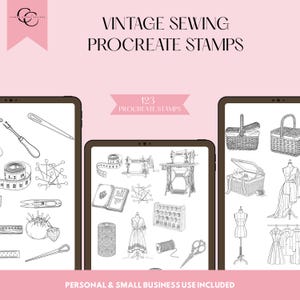 May include: Digital art set featuring vintage sewing-themed Procreate stamps. The image displays three tablets showcasing various sewing tools, sewing machines, and dress forms. The text reads "VINTAGE SEWING PROCREATE STAMPS" and "123 PROCREATE STAMPS".