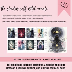 May include: A digital download of a witch oracle, titled "the shadow self witch oracle". The image shows a guidebook and 51 cards with keywords, messages, journal prompts, and rituals. The cards feature diverse illustrations.