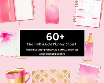 Pink & Gold Office PNG Stickers – 60+ Chic Planner Clipart, Digital Download