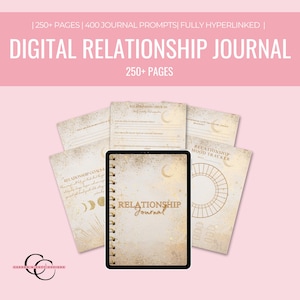 May include: A digital relationship journal with over 250 pages and 400 journal prompts. The journal cover features a gold crescent moon on a textured background. The journal is displayed on a tablet.