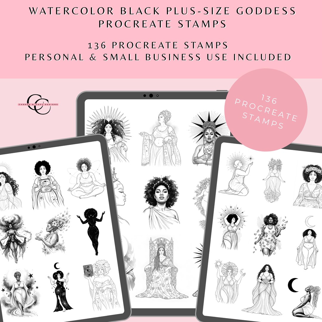 Plus-size Black Goddess Procreate Stamps - 136 Watercolor Woman Brush ...