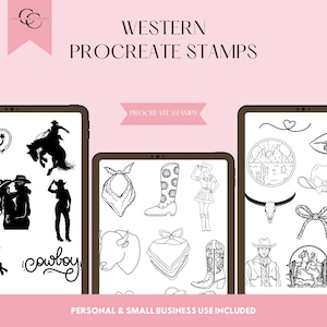 Puede incluir: Sellos digitales de Procreate con temática del oeste. La imagen presenta siluetas de vaqueros y vaqueras, botas de vaquero, pañuelos y otras ilustraciones con temática del oeste. El texto "WESTERN PROCREATE STAMPS" se muestra en la parte superior.