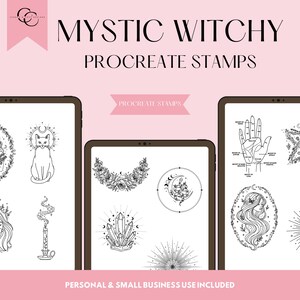 May include: A digital art design featuring the words "MYSTIC WITCHY PROCREATE STAMPS" in black text on a pink background. The image displays various black and white illustrations of mystical symbols, including a cat, crystals, and a hand with labeled palm lines.