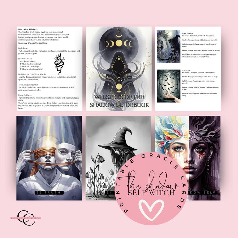 May include: An oracle card set with various illustrations and text. The central card shows a hooded figure with a crescent moon design. Other cards feature artwork of a woman, a witch, and a mask. The text includes "Whispers of the Shadow Guidebook".