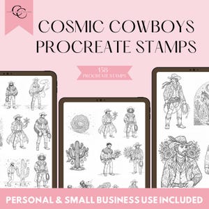 Könnte beinhalten: Rosa digitale Kunstproduktanzeige mit dem Text "COSMIC COWBOYS PROCREATE STAMPS". Das Bild zeigt drei Tablets mit schwarz-weißen Illustrationen zum Thema Cowboy. Der Text "158 PROCREATE STAMPS" ist ebenfalls sichtbar. Der untere Text lautet "PERSONAL & SMALL BUSINESS USE INCLUDED".