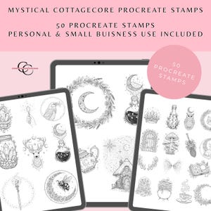 May include: Digital Procreate stamps with a mystical cottagecore theme. The image shows three tablets displaying various black and white illustrations, including moons, stars, and botanical elements. Text at the top reads "MYSTICAL COTTAGECORE PROCREATE STAMPS" and "50 PROCREATE STAMPS".